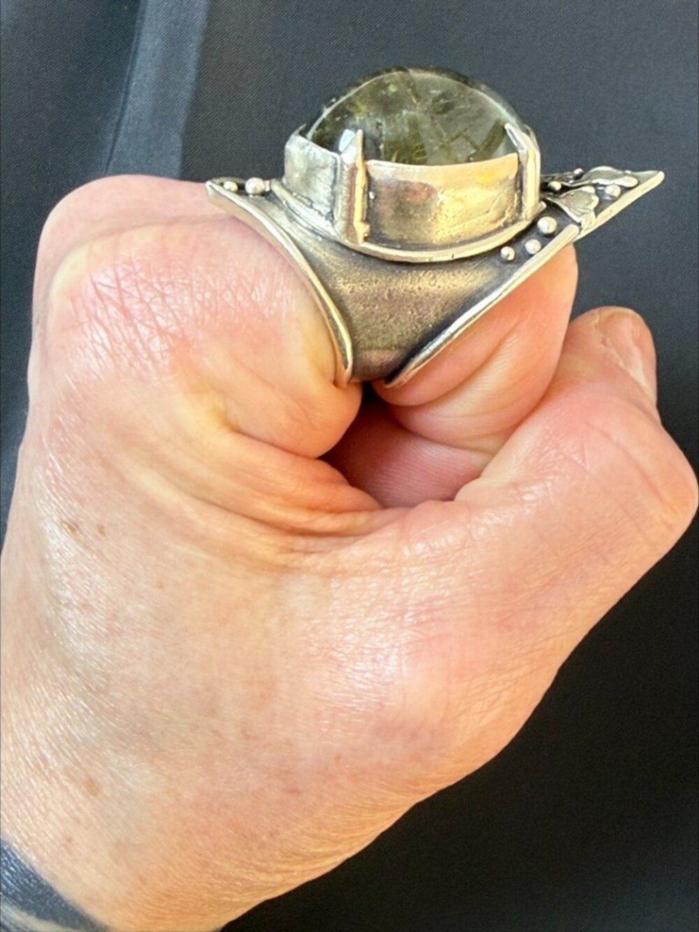 Acid Queen OOAK Botanical Shield Ring Green Tourmalated Quartz Silver Size 8.5 - Picture 14 of 16
